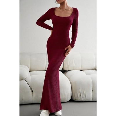 YesFashion Women's 2024 Fall Long Sleeve Square Neck Bodycon Maxi Dresses Sexy Ribbed Knit Long Sweater Lounge Dress