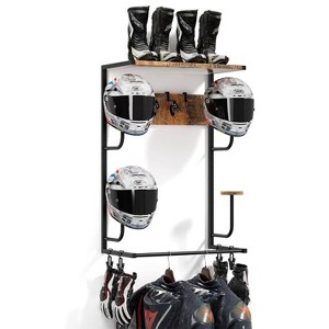 Wooden Motorcycle Helmet Holder ¨C Wall-Mounted Rustic Shelf with 4 Hat Stands, 4 Hooks & 4 Glove Clips for Gear Storage - 1 of 4