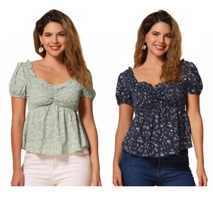 INSPIRE CHIC Women's Short Sleeve Floral Sweetheart Neck Shirred Ruffle Peasant Top 2 Packs - 1 of 4