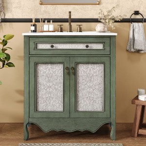 NicBex Bathroom Vanity with Sink –Rectangle Ceramic Basin, Tip-Out Tray, Rubber Wood Legs & Floral Patterns, Vintage Bathroom Vanity Cabinet - 1 of 4