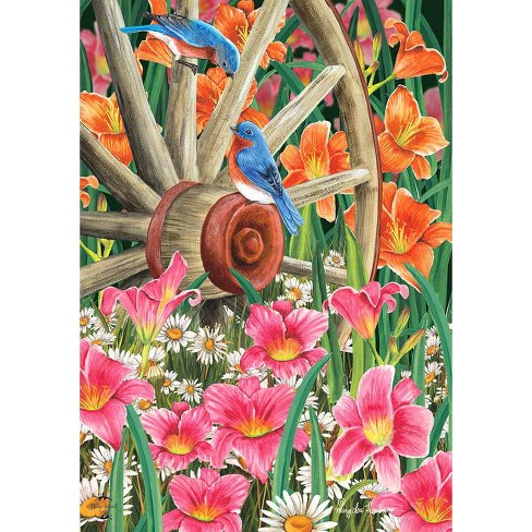 Wagon Wheel Floral Spring Garden Flag Bluebirds 125