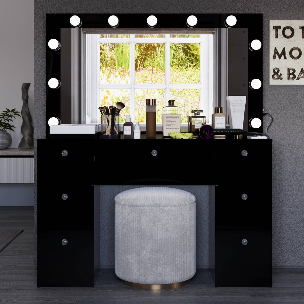 Boahaus Juliana Lighted Makeup Vanity with 7 Drawers USB Ports and Power Outlet Black