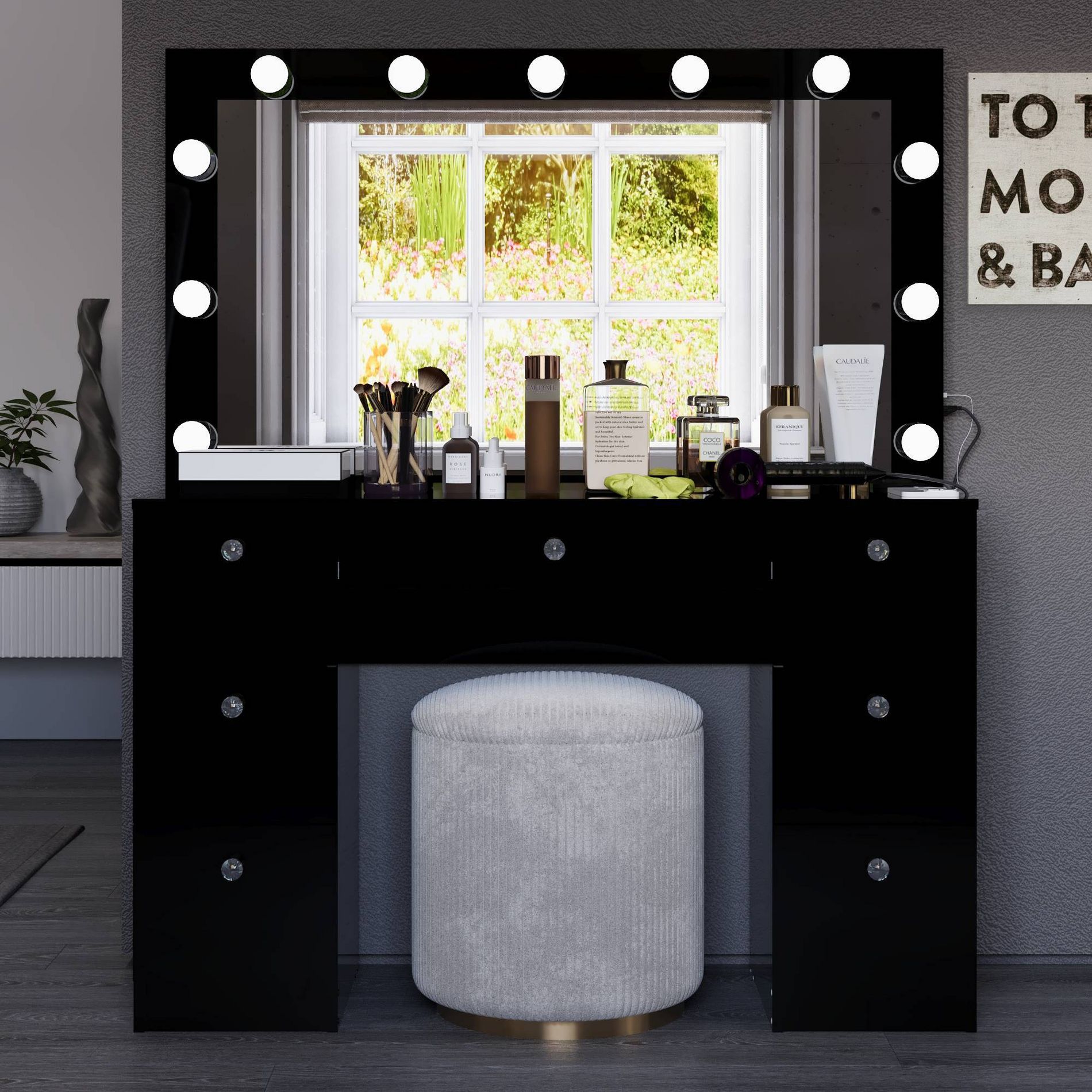 Boahaus Juliana Lighted Makeup Vanity with 7 Drawers USB Ports and Power Outlet Black