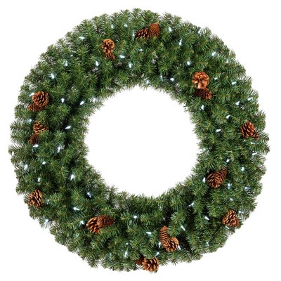Evergreen Classics 36 Inch Pre-Lit 80 Cool White LED Light Holiday Wreath with Pinecone Flocking and 360 Branch Tips for Indoor and Outdoor Use