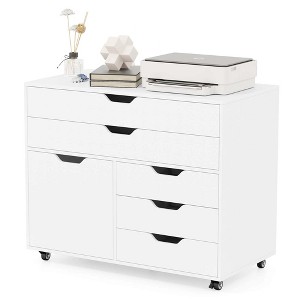 Costway 5-Drawer File Cabinet Mobile Chest of Drawers with Side Cabinet 5 Casters - 1 of 4