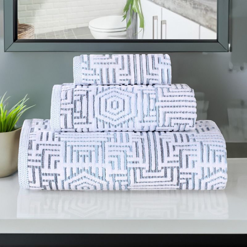 Cotton Modern Geometric Jacquard Soft Highly-Absorbent Assorted 3 Piece Bathroom Towel Set by Blue Nile Mills, 2 of 10