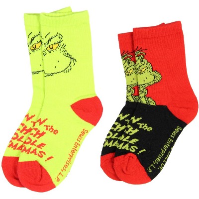 Dr. Seuss GRINCH Kids Socks 2 Pairs Athletic Crew Socks For Boys' Or Girls' Multicoloured