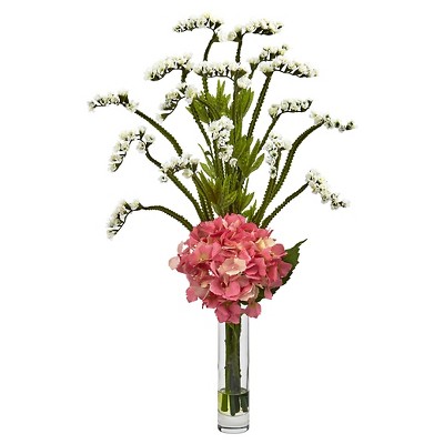 Hydrangea and Statice Bud Silk Arrangement with Cylindrical Glass Vase - Nearly Natural