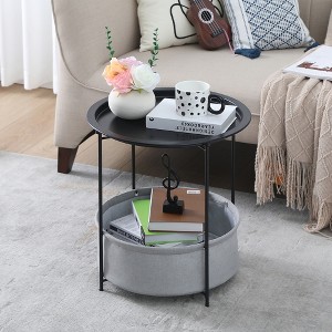 VECELO Round Side/End Table with Fabric Storage Basket, Metal Anti-Rust and Waterproof Small Bedside Nightstand with Removable Tray Top - 1 of 4