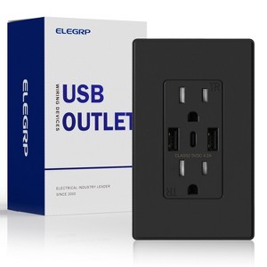 ELEGRP 3 Ports Dual Type A & Type C USB Charger Wall Outlet, 15 Amp Tamper-Resistant Outlet, with Wall Plate, Black(1 Pack) - 1 of 1