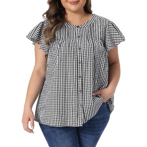 Women's Plus Size 1950s Vintage Gingham Crew Neck Ruffle Sleeve Button Down Back Pleated Casual Plaid Tops - Agnes Orinda - 1 of 4