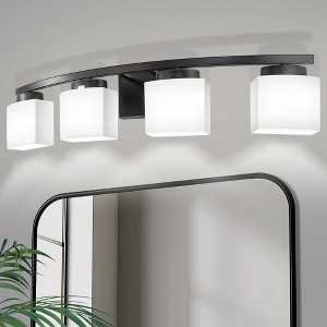 YANSUN 33.5 In. 4-Light Black Modern Square Vanity Light with Curved Arms and Milk White Glass Shades for Bathroom or Bedroom - 1 of 1