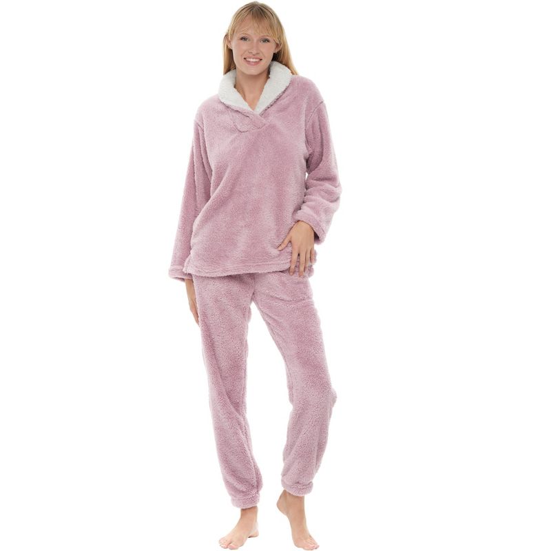 ADR Women's Soft Plush Fleece Pajamas Lounge Set, Long Sleeve Top and Fuzzy Pants with Pockets, 1 of 7