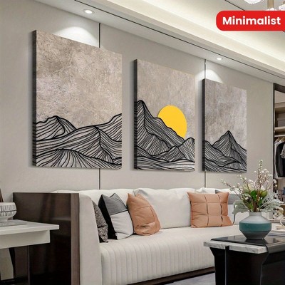3pcs Set of Wooden Framed Canvas Art - Modern Minimalist Mountain, Waterproof Bohemian Wall Decor for Bedroom, Living Room