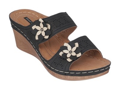 GC Shoes Cie Double Band Perforated Flower Comfort Slide Wedge Sandals