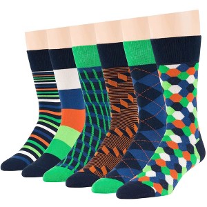Men Cotton Patterned Dress Sock - 6 Pack - Argyle, Stripe, Dot - Shoe Size 9-12 L - Black, Brown, Navy, Blue | 7BIGSTARS KINGDOM - 1 of 1