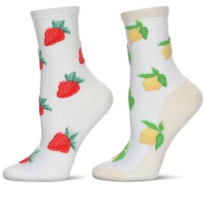 MeMoi Women's 2 Pair Pack Strawberries and Lemons Sheer Fashion Crew Socks Ivory-White 9-11 - 1 of 1