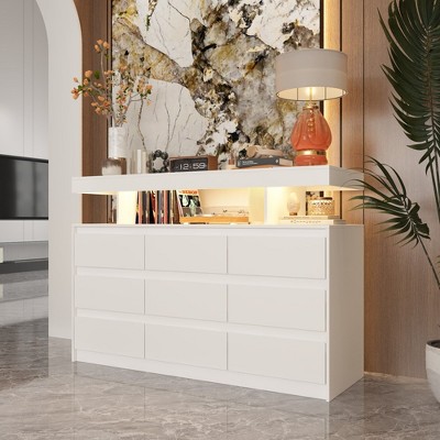 FUFU&GAGA 9 Drawer Chest of Drawers with Ambient Lighting Horizontal Dresser White
