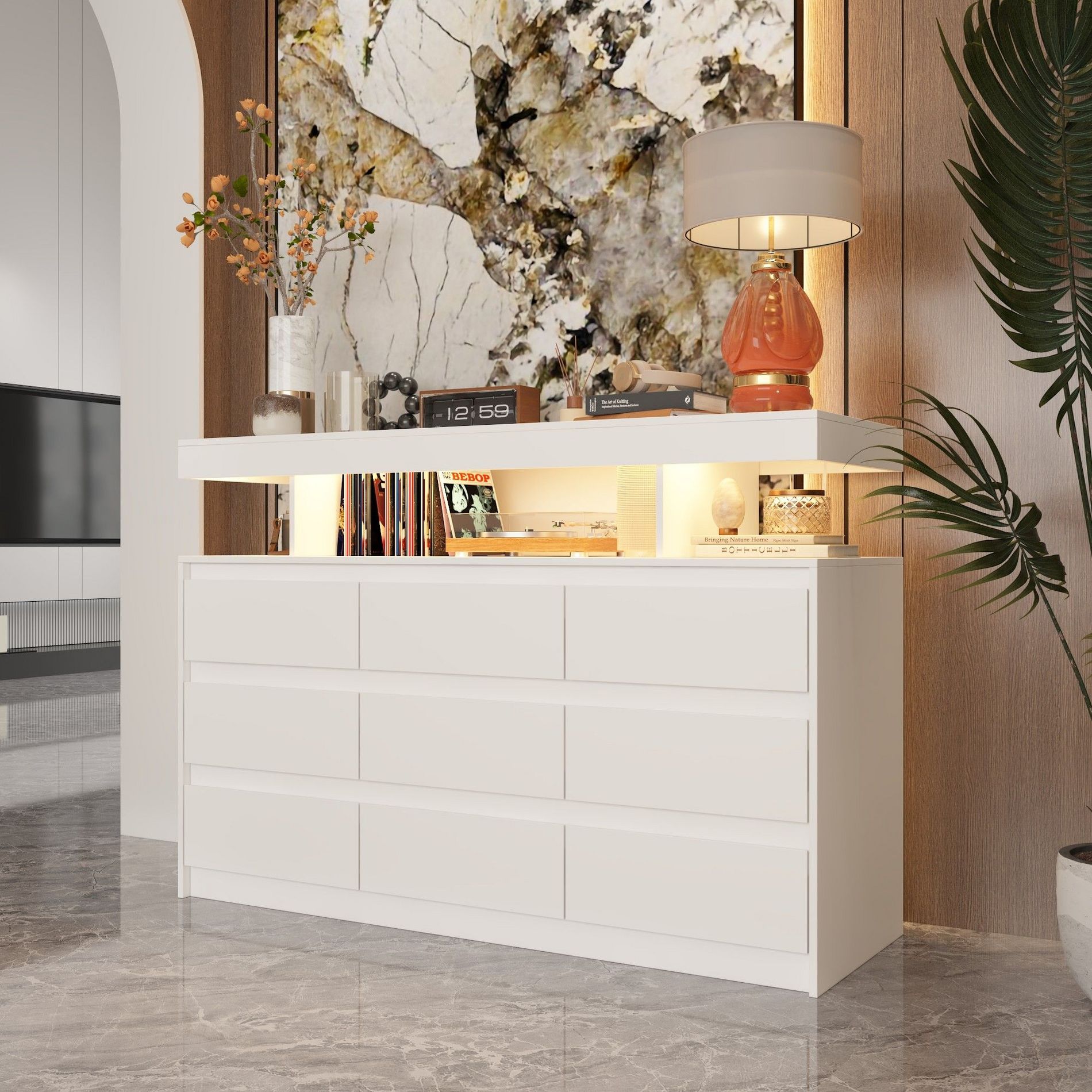 FUFU&GAGA 9 Drawer Chest of Drawers with Ambient Lighting Horizontal Dresser White