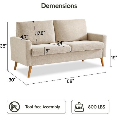Dyonery 68" Sofa Fabric Couch Comfy Loveseat with Spring Cushion Solid Wood