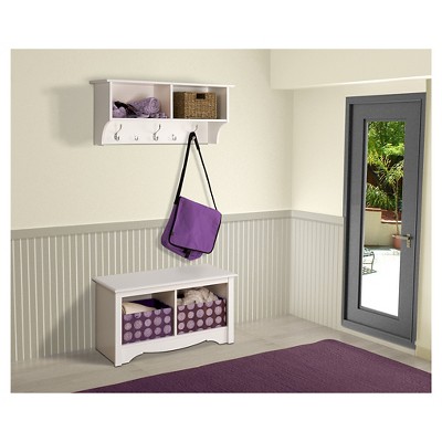 White Wall-Mounted Entryway Shelf with Hooks and Compartments
