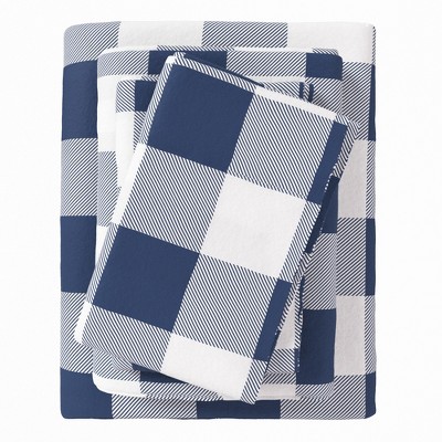 100% Cotton Printed Flannel Sheet Set - Great Bay Home (California King, Buffalo Check - Navy)