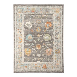 2' X 3' Gray and Orange Floral Stain Resistant Indoor Outdoor Area Rug - 1 of 4