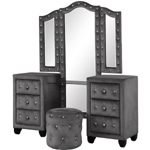 Vynxaria Modern Crystal Tufted 6-Drawer Vanity Set with Stool in Cream Velvet - 1 of 4
