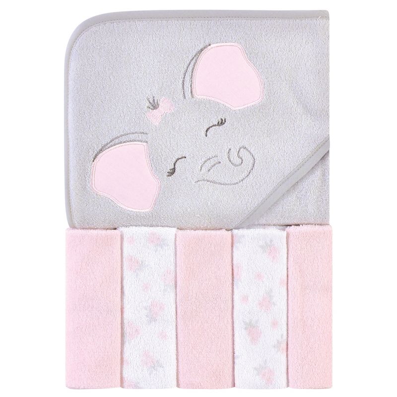 Hudson Baby Infant Girl Hooded Towel and Five Washcloths, Pink Elephant, One Size, 1 of 4