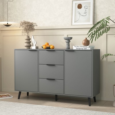 Okak 47.2" Wood Coffee Bar Sideboard with 2 Door & 3 Drawers, Storage Accent Cabinet Cupboard for Entryway Kitchen, Gray
