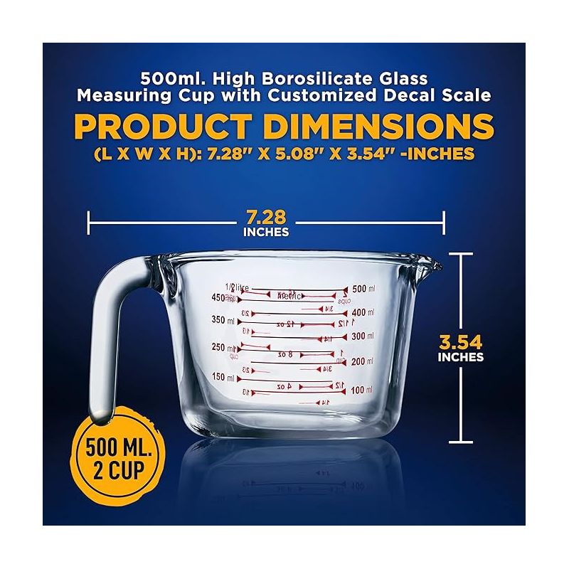 NutriChef High Borosilicate Glass Measuring Cup with Customized Decal Scale, 500 ml, 2 of 7