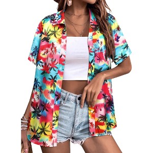 Nlife Womens Button Down Hawaiian Shirts Short Sleeve Floral Print Summer V Neck T-Shirt Casual Summer Beach Blouses Tops - 1 of 4