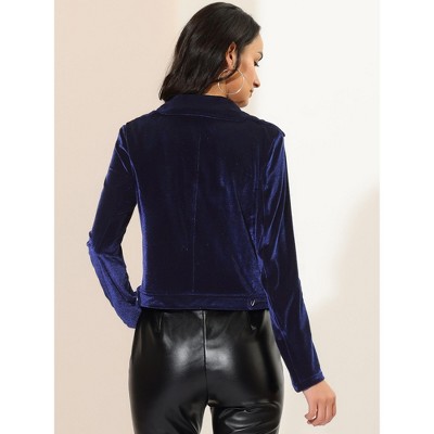 Allegra K Women's Velvet Zipper Lapel Collar Moto Biker Jacket Blue Medium — фото 5