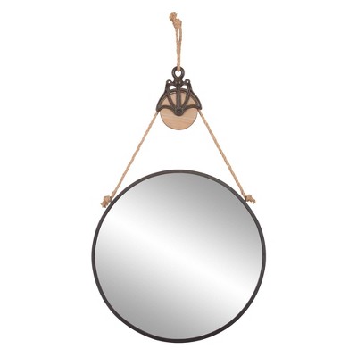 24" Round Metal Wall Mirror with Hanging Rope and Antique Pully Wood/Matte Black - Patton Wall Decor