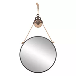 24" Round Metal Wall Mirror with Hanging Rope and Antique Pully Wood/Matte Black - Patton Wall Decor