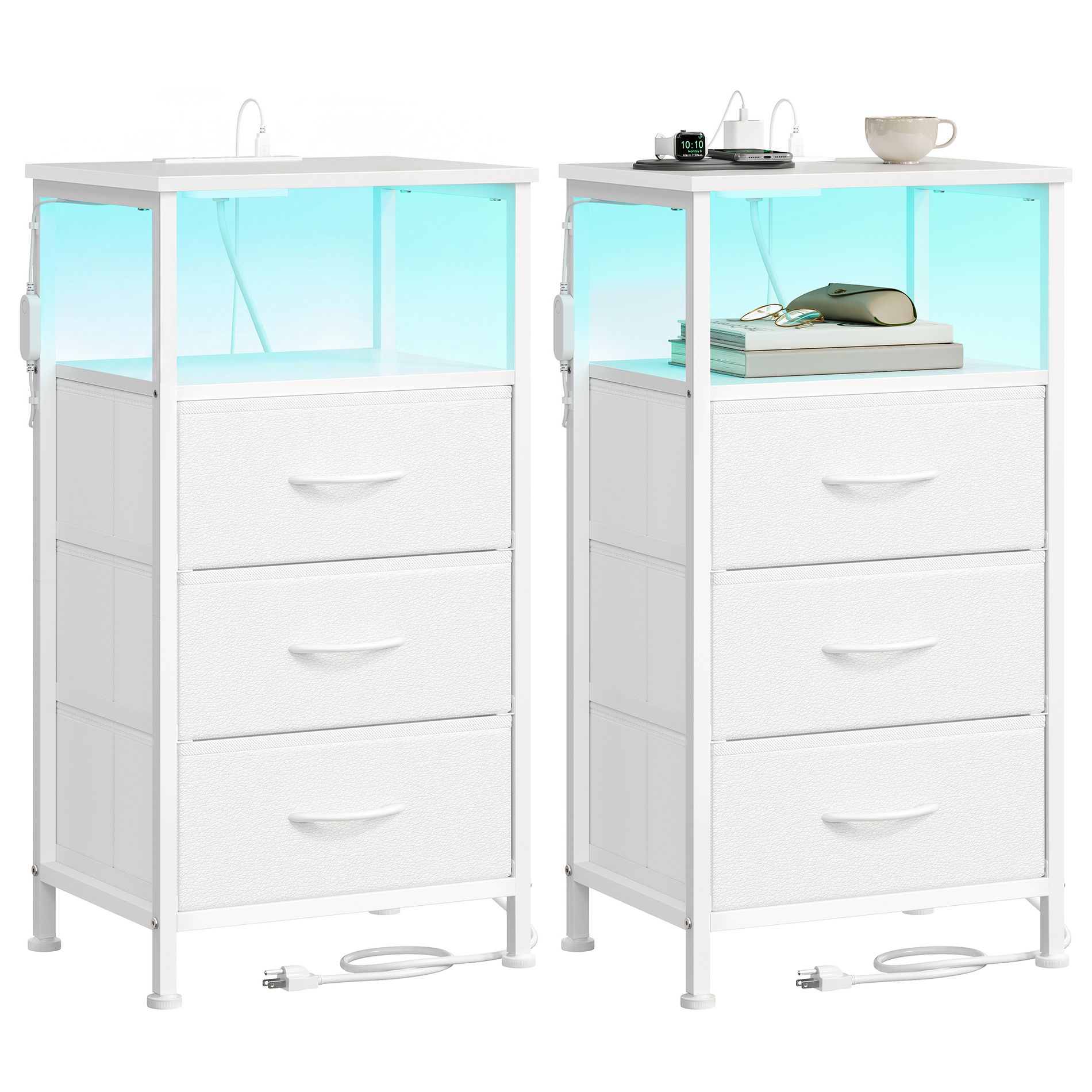 SONGMICS Nightstand with Charging Station, 3 Drawers, 1 Open Shelf