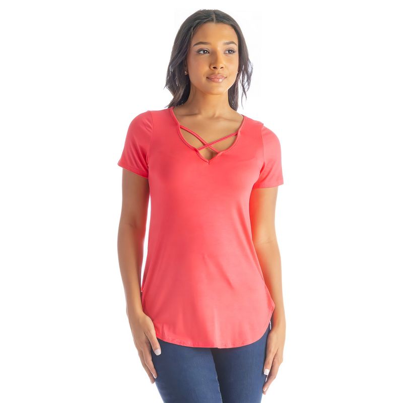 24seven Comfort Apparel Womens V Neck Criss Cross Neckline T Shirt Tunic Top, 1 of 7