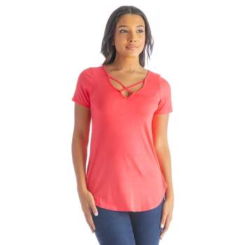 24seven Comfort Apparel Womens V Neck Criss Cross Neckline T Shirt Tunic Top