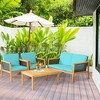 Tangkula 4PCS Patio Acacia Wood Furniture Set PE Rattan Conversation Set w/ Turquoise Cushions - 2 of 4
