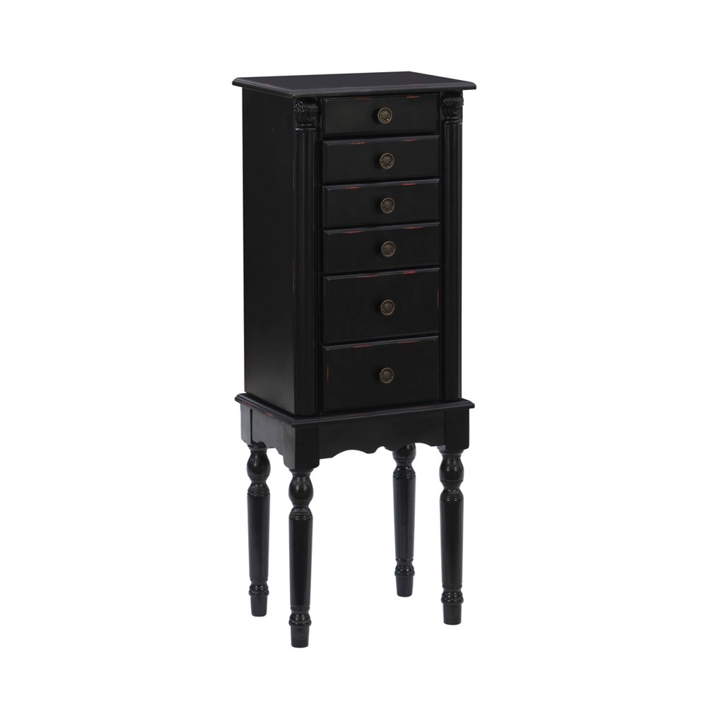 Powell Aria Traditional Wood 6 Lined Drawer Jewelry Armoire Black: Freestanding, Felt-Lined, with Mirror & Hooks