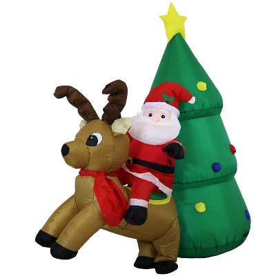 Sunnydaze 5 Foot Self Inflatable Blow Up Santa Claus with Reindeer and Tree Outdoor Holiday Christmas Lawn Decoration with LED Lights