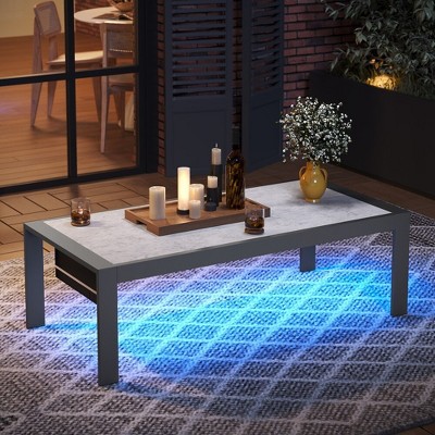Bestier Outdoor Aluminum LED Coffee Table,Modern Patio Coffee Tables with Marble Pattern Aluminum Top for Balcony Garden Backyard,Grey