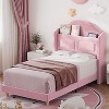 Upholstered Twin Bed Frame with LED Lights, Velvet Platform Bed Frame with Wing Back Storage Headboard, Wood Slats Support, Easy Assembly, Pink - 2 of 4