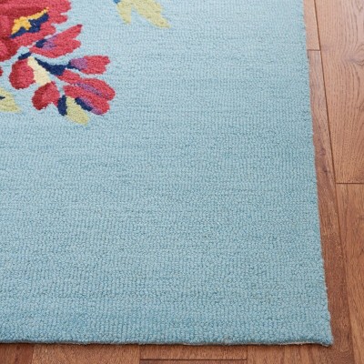 Blue and Rose Floral Wool Hand-Tufted Runner Rug