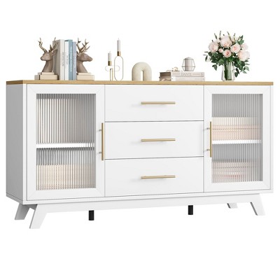 Homhougo Coffer Bar Cabinet with 2 Fluted Glass Doors, 56" Modern Sideboard Buffet Cabinet with 3 Drawers Ivory