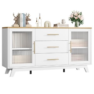 Homhougo Coffer Bar Cabinet with 2 Fluted Glass Doors, 56" Modern Sideboard Buffet Cabinet with 3 Drawers Ivory - 1 of 4