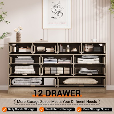 12-Drawer Modern Wooden Dresser (61" Wide) – Rattan Chest of Drawers, TV Stand for 65" TVs, Storage for Bedroom, Living Room, Hallway & Closet