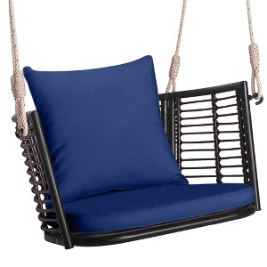 Costway Patio Hanging Rattan Basket Chair Swing Hammock Chair with Seat Cushion Navy/Grey/Beige - 1 of 4
