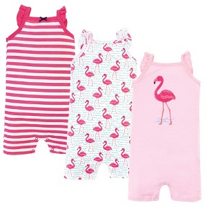 Hudson Baby Infant Girl Cotton Rompers 3pk, Bright Flamingo - 1 of 4