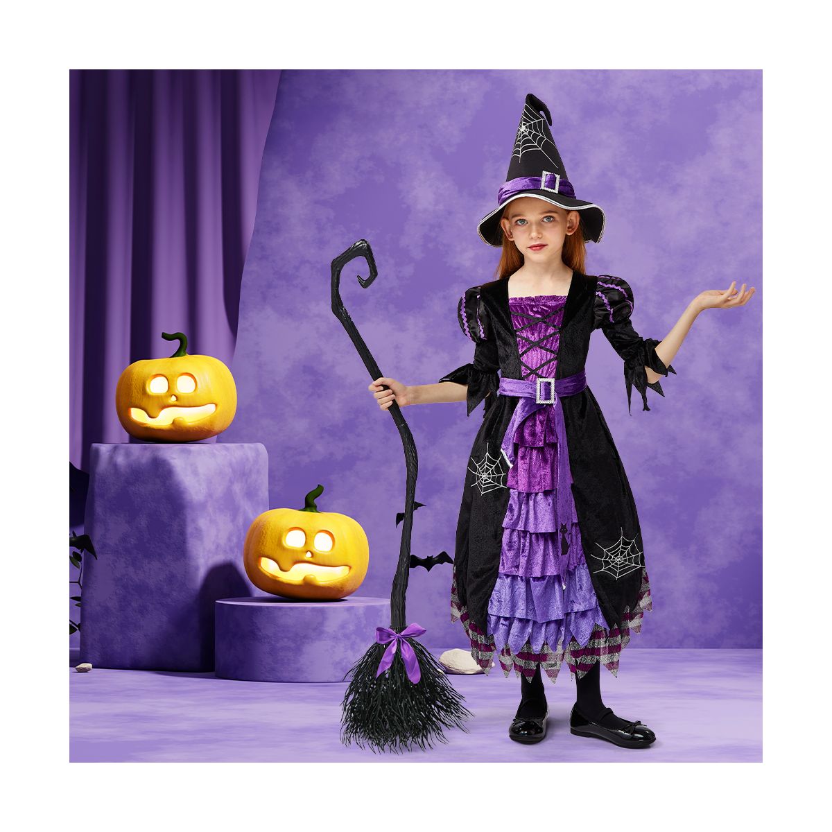 Joyfy Halloween Fairytale Witch Costume for Girls – Deluxe Set with Broom, Hat & Dress (Magic-Themed!) - thumbnail 2